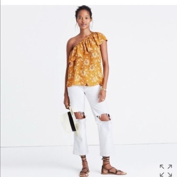 Madewell Silk One-Shoulder Ruffle Top in Yellow Assam Floral S - Picture 2 of 11